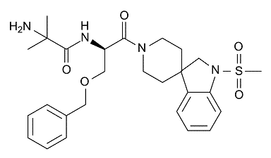 Chemical structure of a MK677 molecule with various functional groups.
