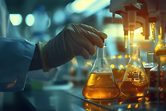 Scientist wearing gloves handling flasks filled with orange liquid in a laboratory setting, surrounded by scientific equipment and beakers during a research experiment, illuminated by soft warm lighting