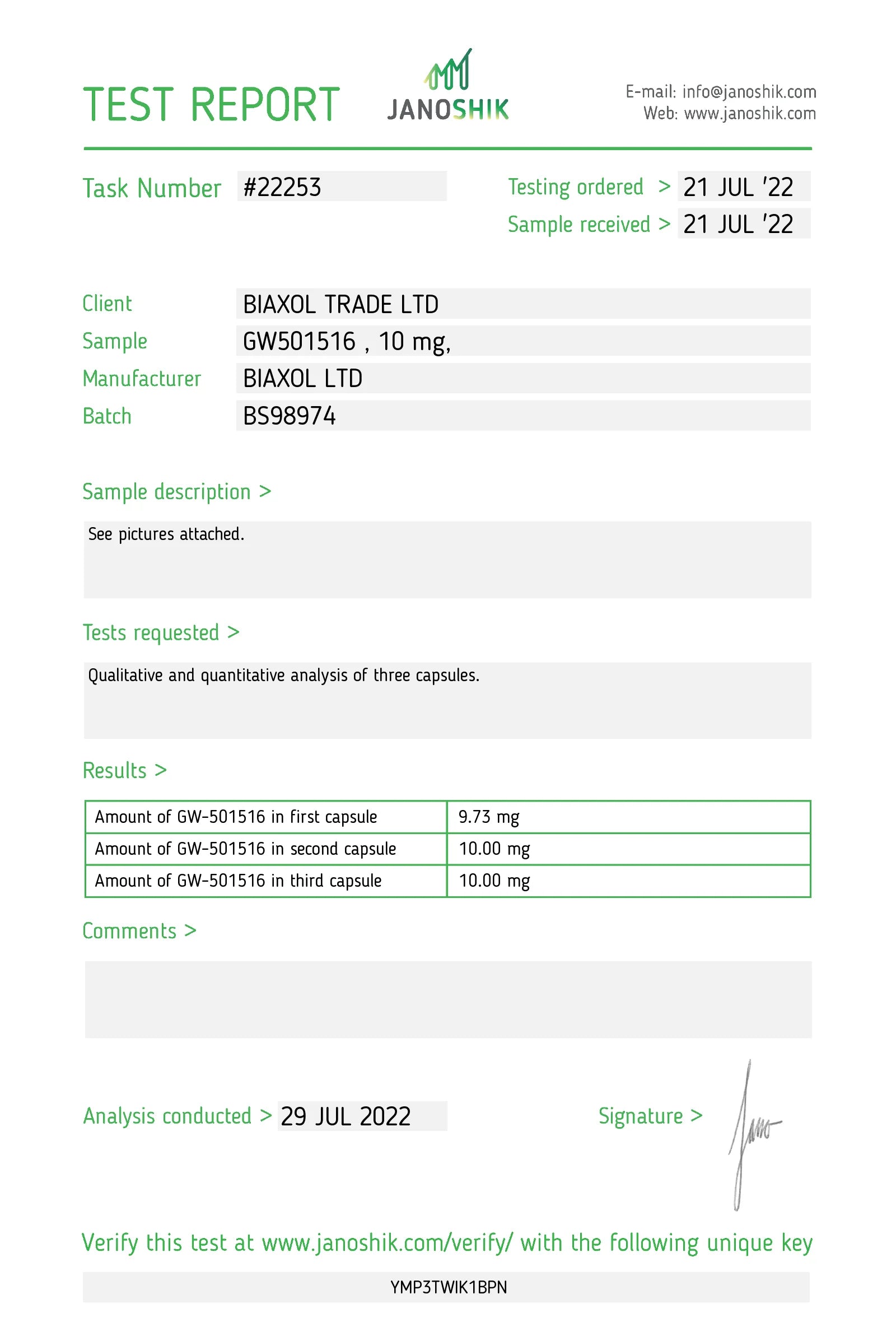 Biaxol Supplements SARM Cardarine Certificate