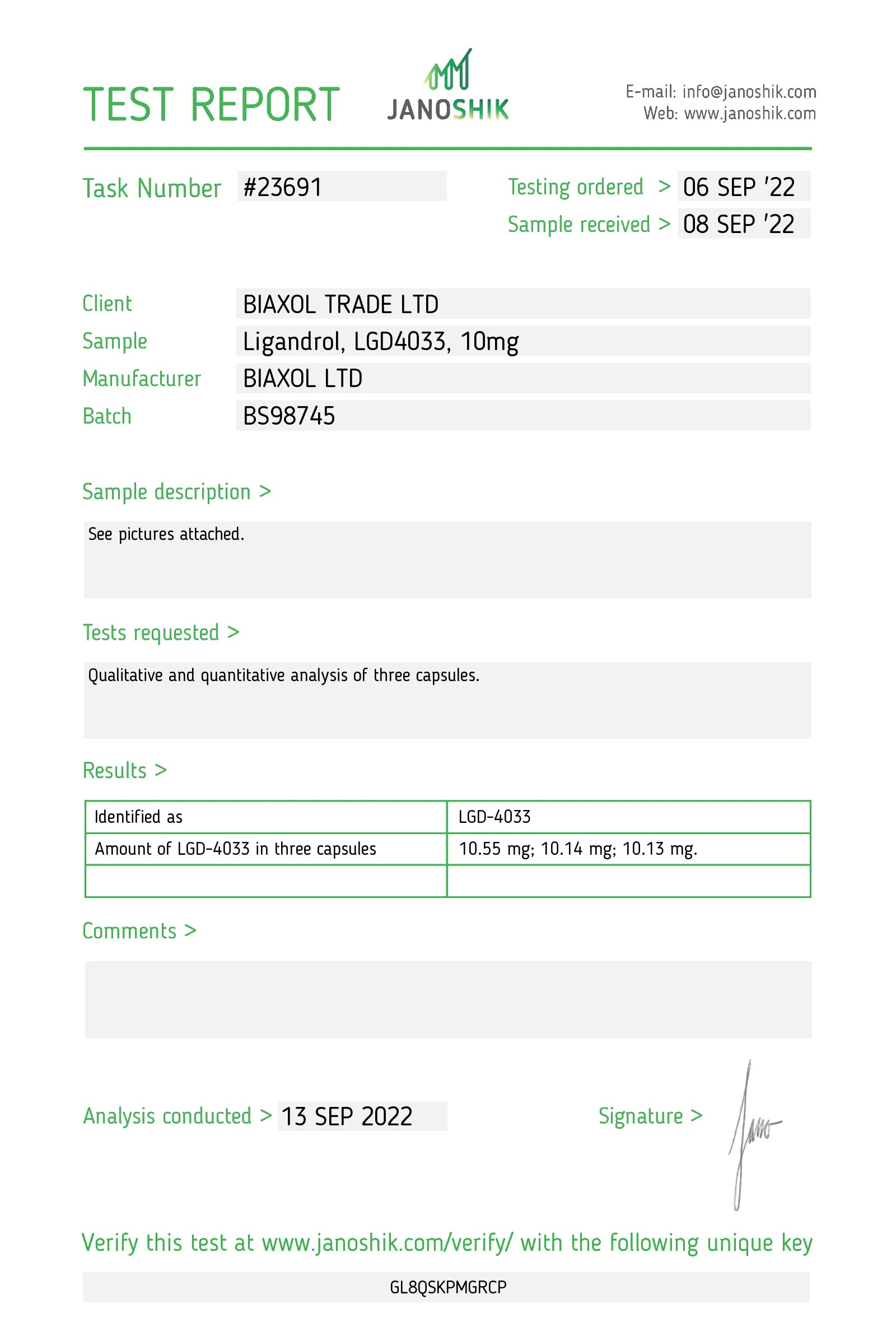 Biaxol Supplements SARM Ligandrol Certificate