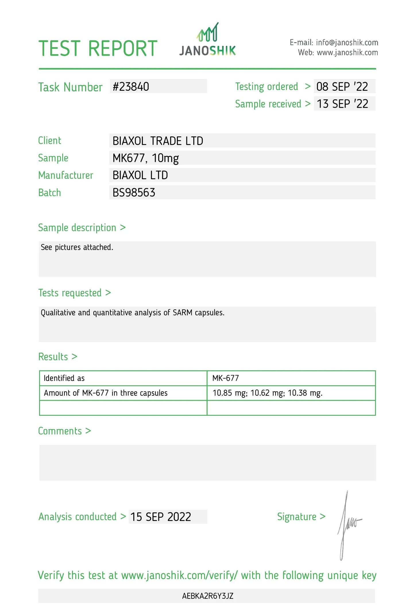 Biaxol Supplements SARM MK 677 Certificate