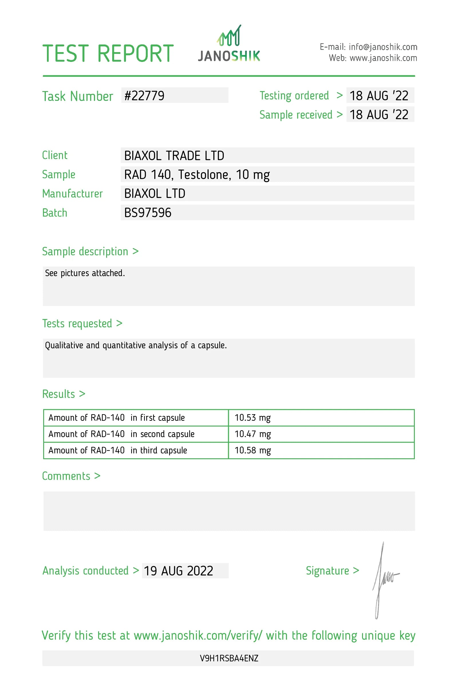 Biaxol Supplements SARM RAD 140 Certificate