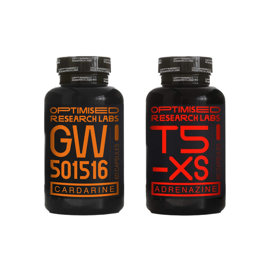 Two bottles labeled 'OPTIMIZED RESEARCH LABS' with one marked as GW-501516 and the other as ADRENAZINE. Both bottles are black with red and orange text.