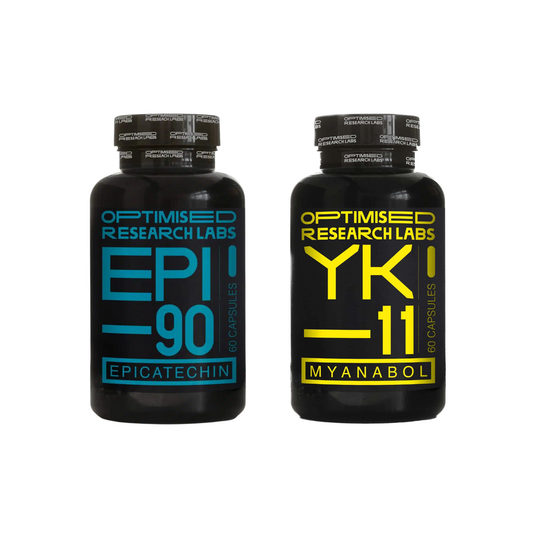 Optimised Research Labs EPI-90 (Epicatechin) and YK-11 (Myanabol) bottles. High-purity research compounds designed for experimental use. Black bottles with bold blue and yellow futuristic label designs