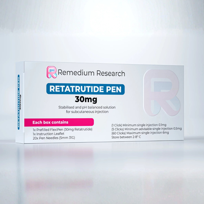 Box of Remedium Research Retatrutide Pen 30mg on a white background