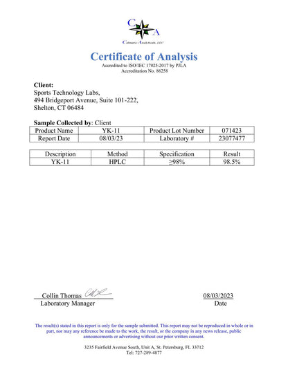 Sports Technology Labs YK 11 SARMS Certificate