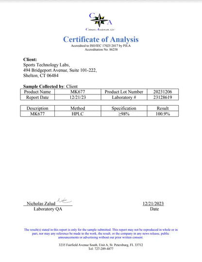 Sports Technology Labs MK 677 SARMS Certificate