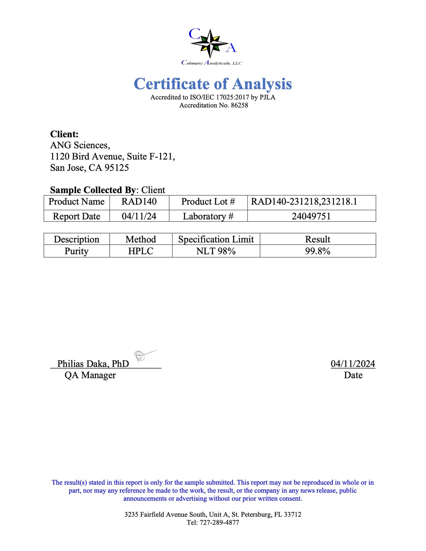 SCIENCE BIO RAD-140 (Testolone)